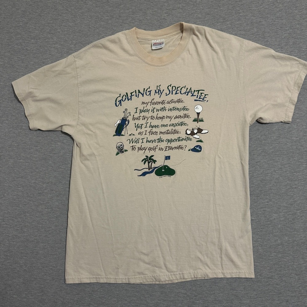 Vintage 2001 Hanes Beefy-T Golfing Is My Specialtee Graphic T-Shirt Tan Mens L